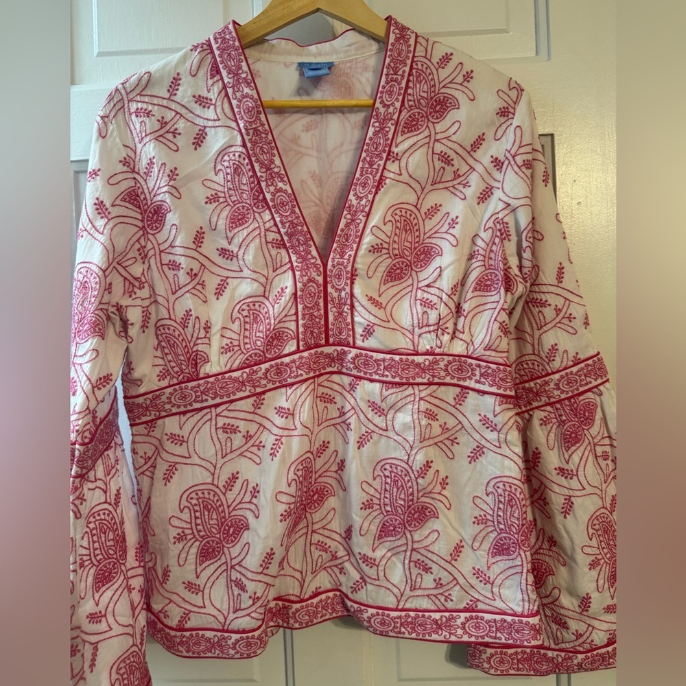 Ts Dixin Pink Floral Embroidered Boho Blouse | Empire Waist Long Sleeve Top M